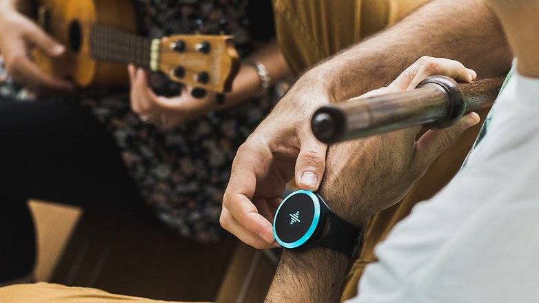 This photo shows you how you can turn the wearable metronome on for the soundbrenner pulse review.