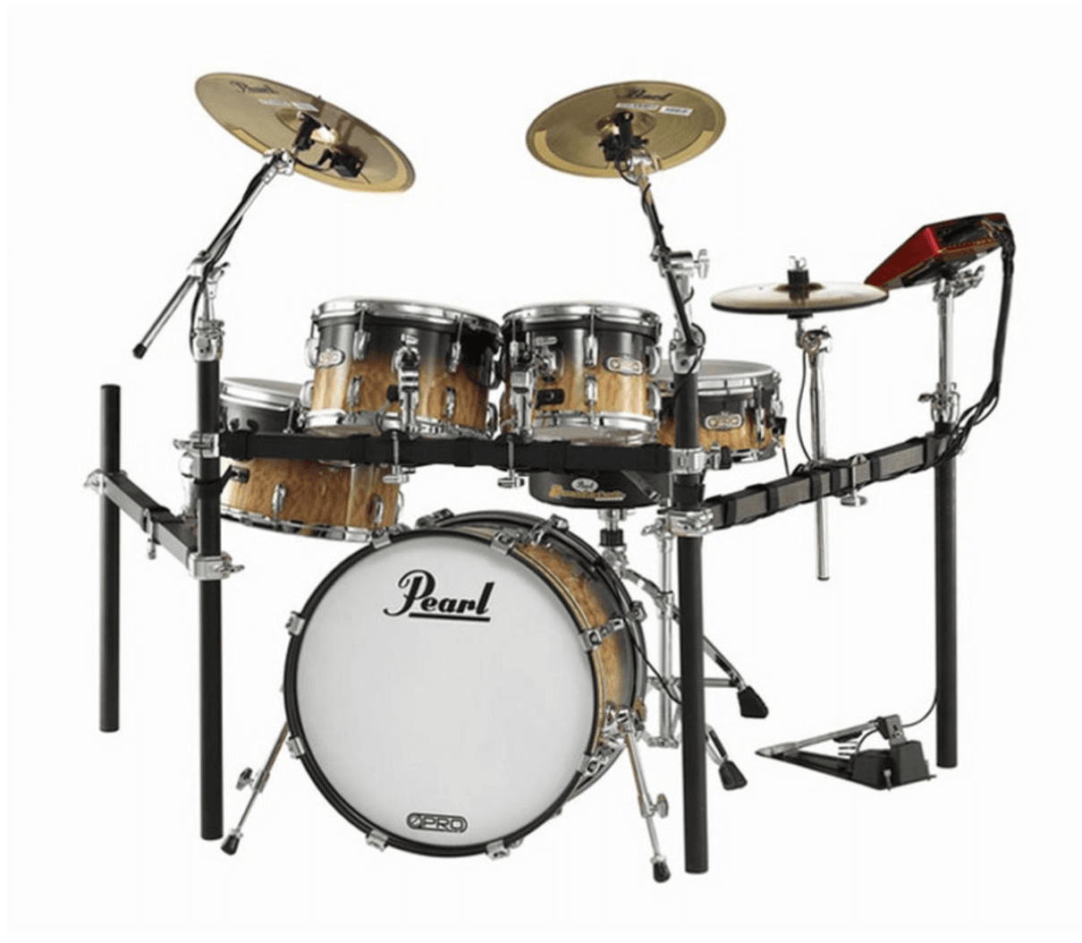 The complete set up of the Pearl E Pro Review looks like an acoustic kit.